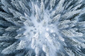 Aerial view of a snow-covered forest in winter with pine trees draped in white powder, ski slopes, and mountainous terrain, showcasing serene winter wilderness and alpine adventure.