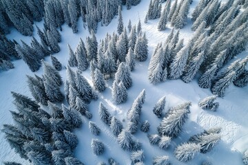 Aerial winter scene of snow-blanketed pine forest with ski slopes and mountainous topography, evoking tranquil wilderness and outdoor adventure in cold season.