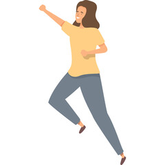 Joyful Woman in Yellow T Shirt and Blue Pants Exuding Confidence with Raised Fist and Determined Expression Energetic Pose Isolated on Transparent Background