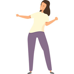 Joyful Woman In Cream T Shirt And Lavender Pants Dancing With Arms Upraised Isolated On Transparent Background