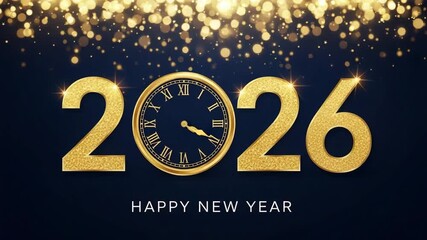 2026 golden numbers with clock face and bokeh lights happy new year celebration background - Powered by Adobe