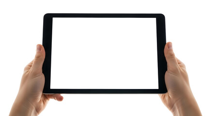 Hands holding digital tablet with blank white screen on isolated background