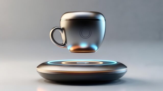 Futuristic levitating cup with a sleek silver finish hovering above a glowing circular base