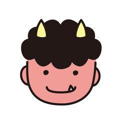 Cute Red Oni (Demon) Face Icon with Two Horns and Shaggy Hair, Smiling Pastel Line Art Vector