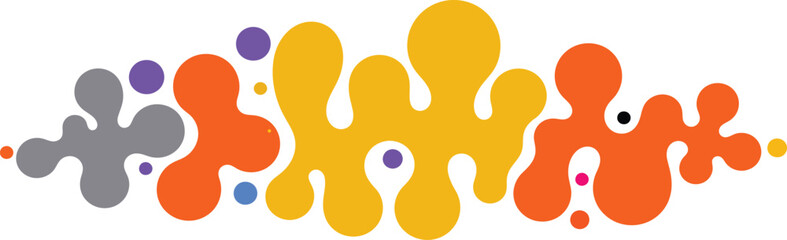 Abstract design featuring an arrangement of paint splatters, blobs, and dots in gray, orange, yellow, and purple colors. This graphic element creates a background or border.