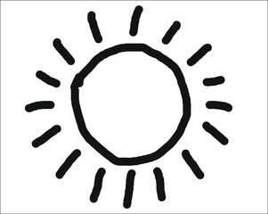 Hand drawn sun icon radiating warmth and happiness, perfect for summer designs or children's projects, adding a touch of sunny charm to your creative work.