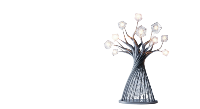 Modern abstract metallic tree sculpture with glowing elements, symbolizing growth and achievement, against a transparent studio background with copy space, concept of corporate success and innovation