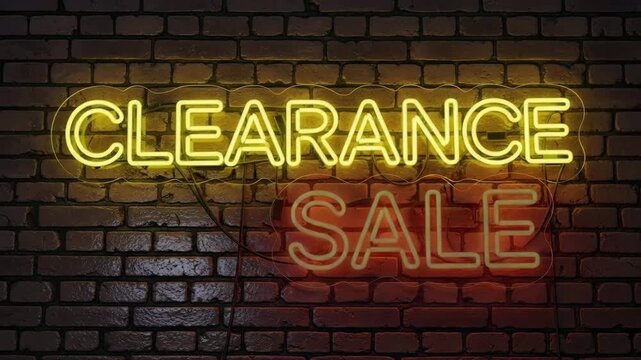 Bright yellow and orange neon signs spelling C L E A R A N C E S A L E glow against a textured