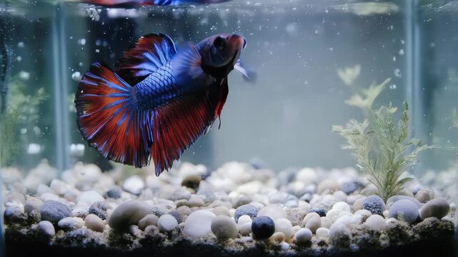 A vibrant Betta fish gracefully swimming in a crystal-clear aquarium. The fish exhibits striking colors and flowing fins, set against the backdrop of a carefully arranged aquatic environment.