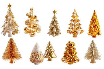 Golden Christmas Trees: A festive array of shimmering, golden Christmas trees, each intricately designed, creating a magical atmosphere of holiday cheer and celebration.