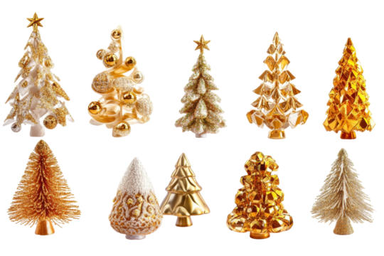 Golden Christmas Trees: A festive array of shimmering, golden Christmas trees, each intricately designed, creating a magical atmosphere of holiday cheer and celebration.