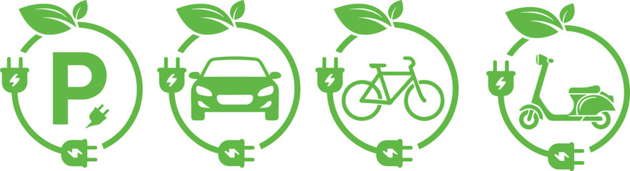 Eco electric transportation icons with car, bike, scooter and parking symbol, green charging energy concept, sustainable mobility graphic design for renewable clean power illustration