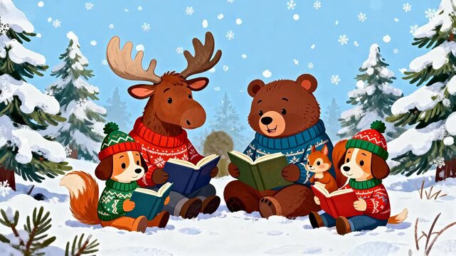 Animals Reading Books in Snowy Forest