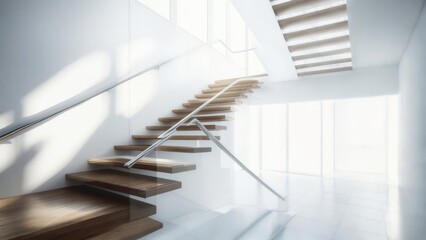 Ascending wooden stairs with glass railings in a bright, modern, minimalist interior with sunlight