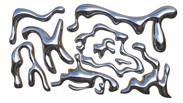 3D Chrome Metal Liquid Fluid Mercury Silver Glossy Reflective Metallic Organic Blob Drip Molten Shape Abstract Futuristic Gradient Aluminum Design Concept Modern Render Icon