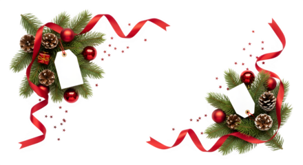 Festive christmas decoration with pine cones red ornaments and ribbon with blank tag isolated on transparent background