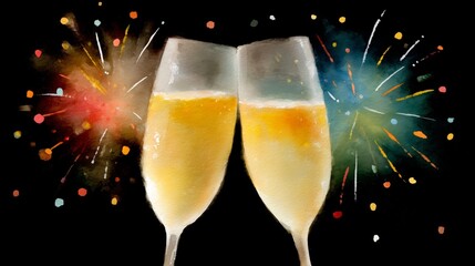 Two champagne flutes clinking together in celebration, surrounded by colorful fireworks and confetti, creating a festive atmosphere for joyful occasions and special events