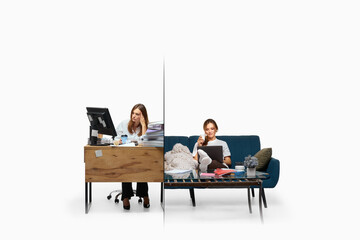 Tired office employee facing heavy workload contrasted with relaxed remote worker. Concept of burnout prevention, HR content, digital transformation and work-life balance themes. Handmade collage