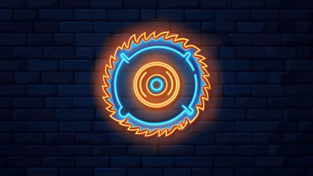 A bright neon sign against a dark brick wall depicts a circular saw blade
