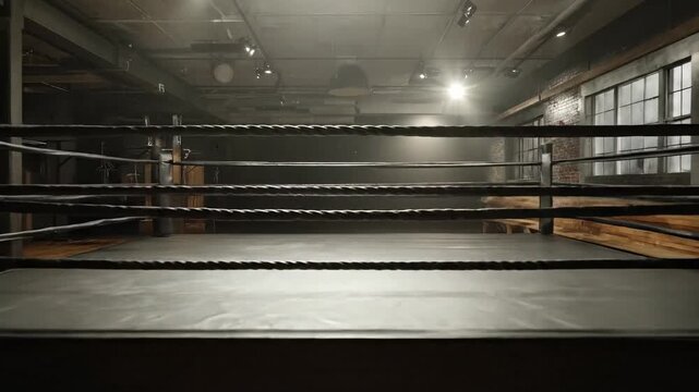 Cinematic view of an empty boxing ring illuminated by dramatic spotlights in a dark industrial gym setting. The atmospheric scene features haze and deep shadows, symbolizing preparation, challenge, an