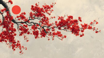 Artistic depiction of blooming red flowers with a red sun impressionistic
