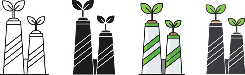 Plant sprout icon set, growth stages, eco container, green leaves, vector illustration, design evolution, sustainability, nature concept, minimal style, editable graphics
