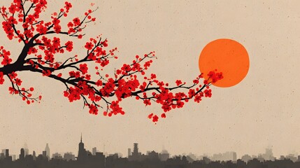 Obraz premium Asian inspired illustration with cherry blossoms and cityscape silhouette design