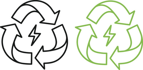 Recycling energy symbol illustration with green and black eco arrows, renewable power icon featuring lightning bolt, sustainability concept for clean energy and environmental conservation design
