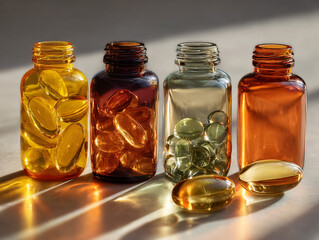 minimalist still life of vitamins and supplements in amber glass bottles on a clean white surface, soft studio lighting creating gentle shadows, wellness and self-care theme