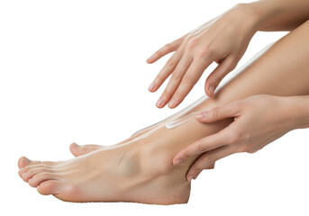 Fototapeta premium Close-up of an unadorned human hand delicately applying soothing white cream onto a bare, healthy foot and ankle in a pristine studio with a soft, neutral towel background, concept of personal
