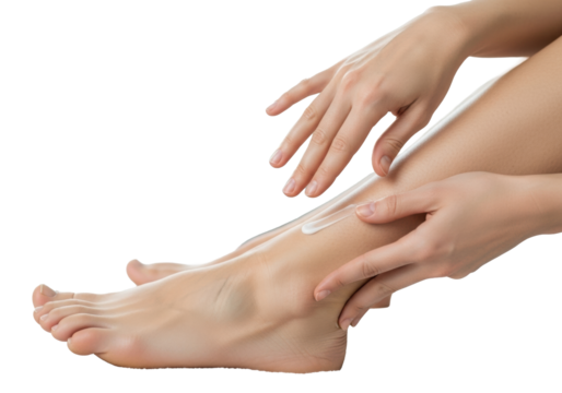 Close-up of an unadorned human hand delicately applying soothing white cream onto a bare, healthy foot and ankle in a pristine studio with a soft, neutral towel background, concept of personal