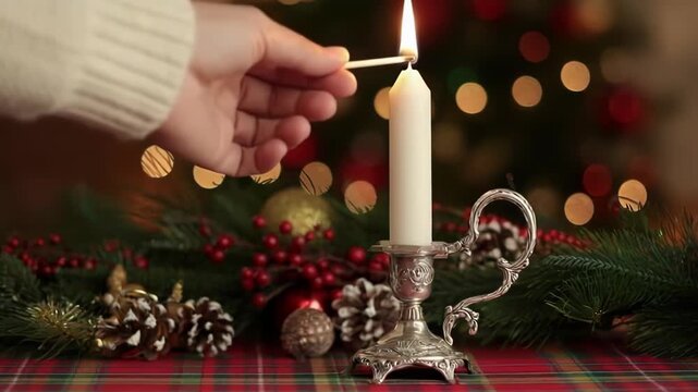 Hand lighting a white candle in a silver candlestick with a match, surrounded by christmas decorations and a festive background