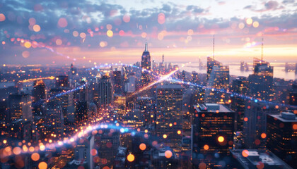 Modern blurred cityscape background with abstract urban skyline and soft bokeh lights, perfect for business presentations, professional website headers, and futuristic corporate designs