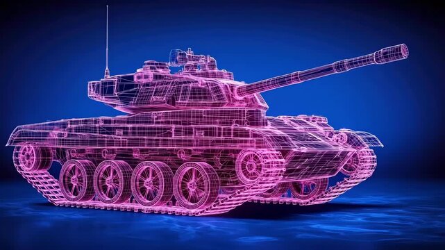 Digital 3d wireframe of tank with neon pink and blue lighting