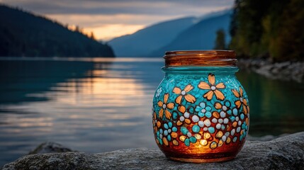 Hand-painted flower design on a glass jar by the lake at sunset.