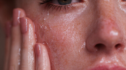 A close-up view of a person's face being moisturized. The skin is radiant and hydrated, with a visible glow of moisture. A hand is gently touching the face, emphasizing the act of skincare