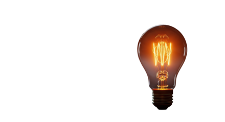 A singular, vintage incandescent light bulb with a warm orange filament glowing intensely against a deep, dark, minimalist background with copy space, symbolizing a breakthrough moment for innovation