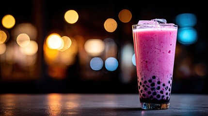 Pink drink with dark tapioca pearls on a dark surface.
