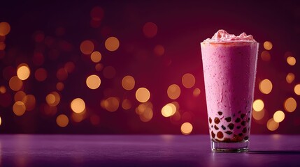 A glass of vibrant purple bubble tea with a creamy topping.