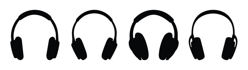 Obraz premium Four black over-ear headphones arranged in a row a simple audio equipment graphic