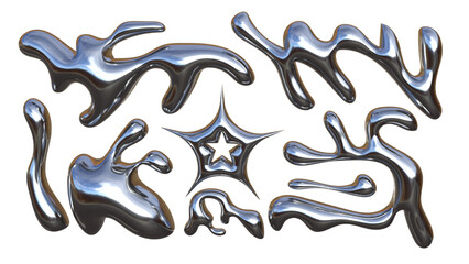 3D Chrome Metal Liquid Fluid Organic Shapes with Glossy Mercury Silver Star – Abstract Futuristic...
