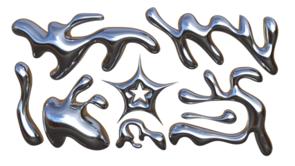 3D Chrome Metal Liquid Fluid Organic Shapes with Glossy Mercury Silver Star – Abstract Futuristic Metallic Blob Design Icon Set
