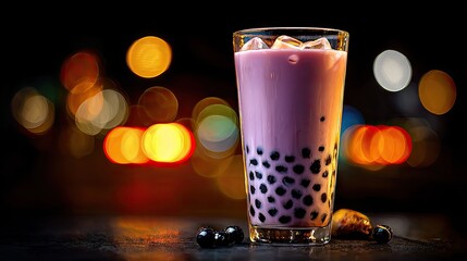 Refreshing purple drink with black tapioca pearls in a glass.