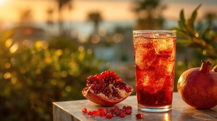 Refreshing pomegranate drink on a patio table.