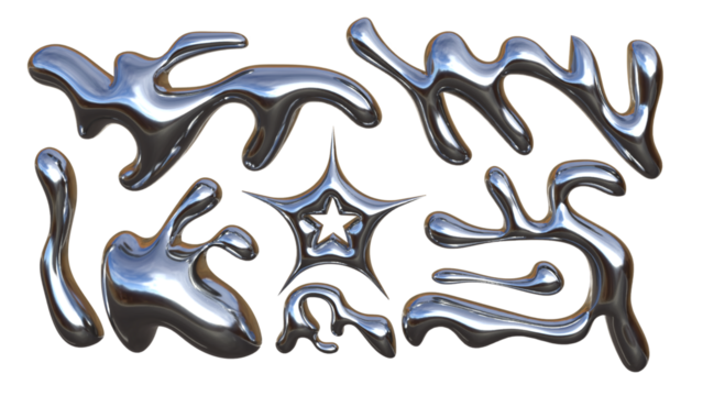 3D Chrome Metal Liquid Fluid Organic Shapes with Glossy Mercury Silver Star – Abstract Futuristic Metallic Blob Design Icon Set - Powered by Adobe