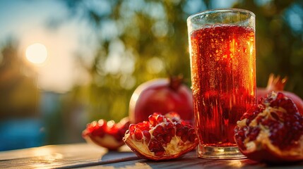 A glass of pomegranate juice surrounded by fresh pomegranate fruit.