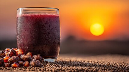 Glass of dark reddish-purple drink with sunset background and seeds.