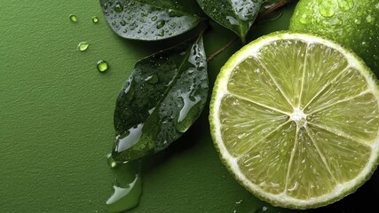 Close up macro view of a fresh juicy lime slice and whole citrus fruit accompanied by dark green leaves on a textured surface. Water droplets cover the zest, pulp, and background, emphasizing freshnes - Powered by Adobe