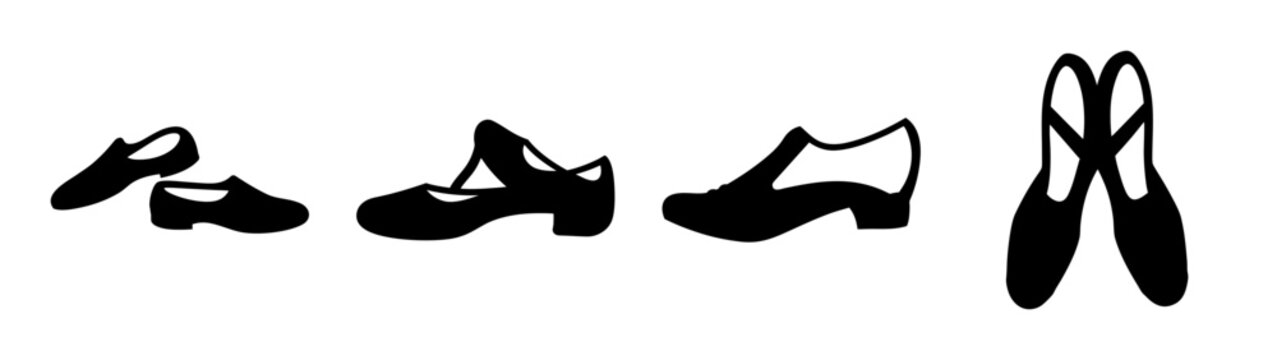 Collection of silhouettes featuring various dance shoes including tap shoes and ballet slippers