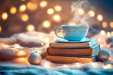 Cozy Christmas Scene with Stack of Books, Steaming Cup of Tea, and Fairy Lights